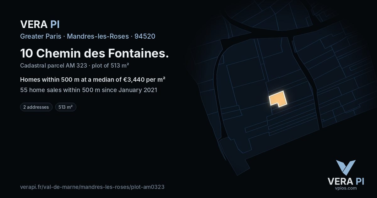 10 Chemin des Fontaines, Mandres-les-Roses at night – the plot lit, the parcels around coloured by the prices near them