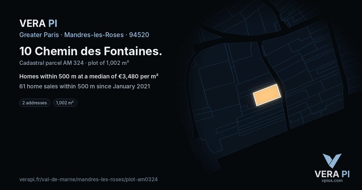 10 Chemin des Fontaines, Mandres-les-Roses at night – the plot lit, the parcels around coloured by the prices near them