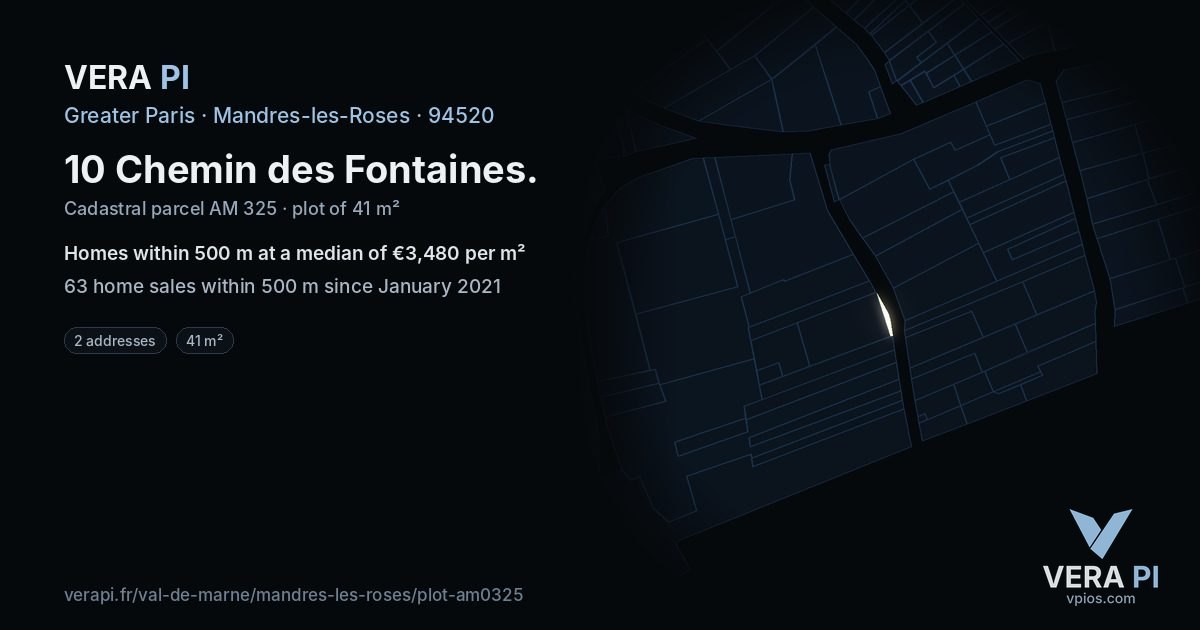 10 Chemin des Fontaines, Mandres-les-Roses at night – the plot lit, the parcels around coloured by the prices near them