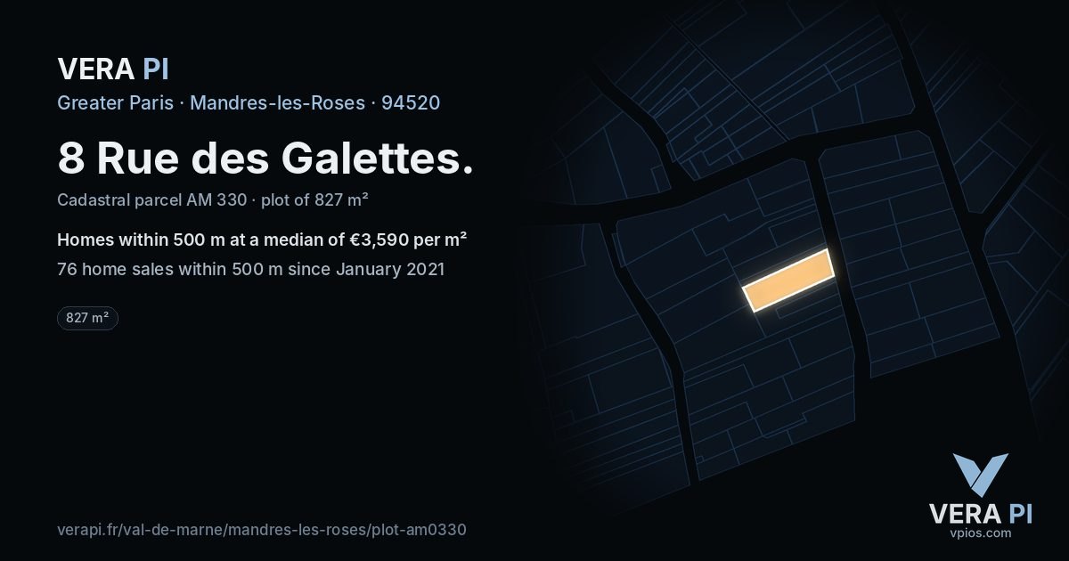 8 Rue des Galettes, Mandres-les-Roses at night – the plot lit, the parcels around coloured by the prices near them