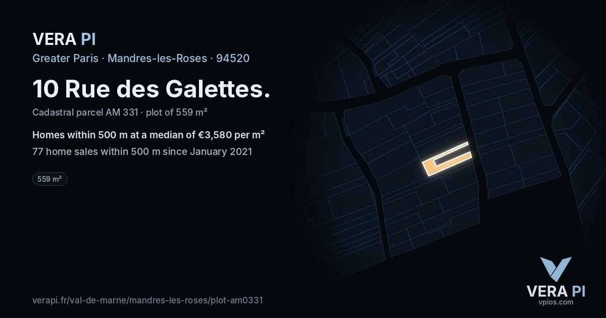 10 Rue des Galettes, Mandres-les-Roses at night – the plot lit, the parcels around coloured by the prices near them