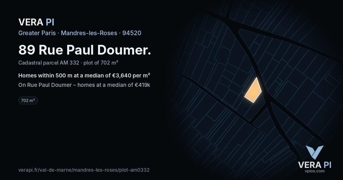 89 Rue Paul Doumer, Mandres-les-Roses at night – the plot lit, the parcels around coloured by the prices near them