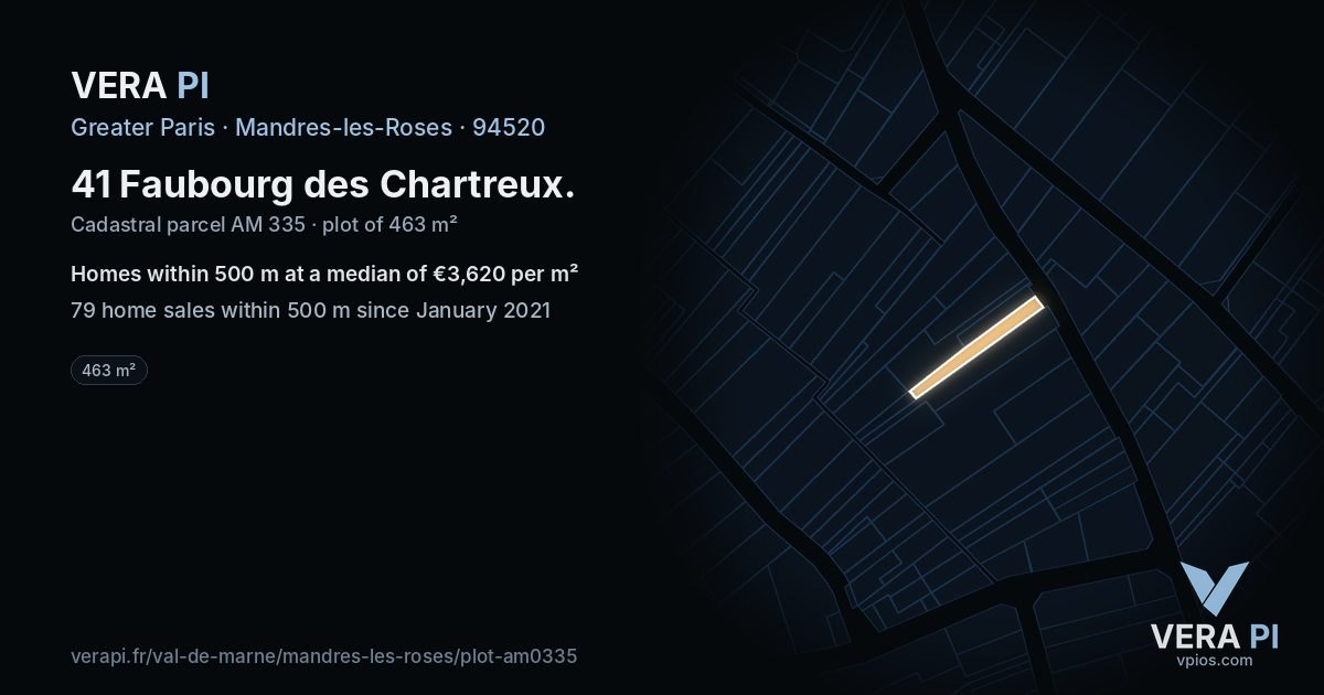 41 Faubourg des Chartreux, Mandres-les-Roses at night – the plot lit, the parcels around coloured by the prices near them
