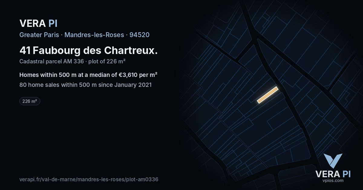 41 Faubourg des Chartreux, Mandres-les-Roses at night – the plot lit, the parcels around coloured by the prices near them