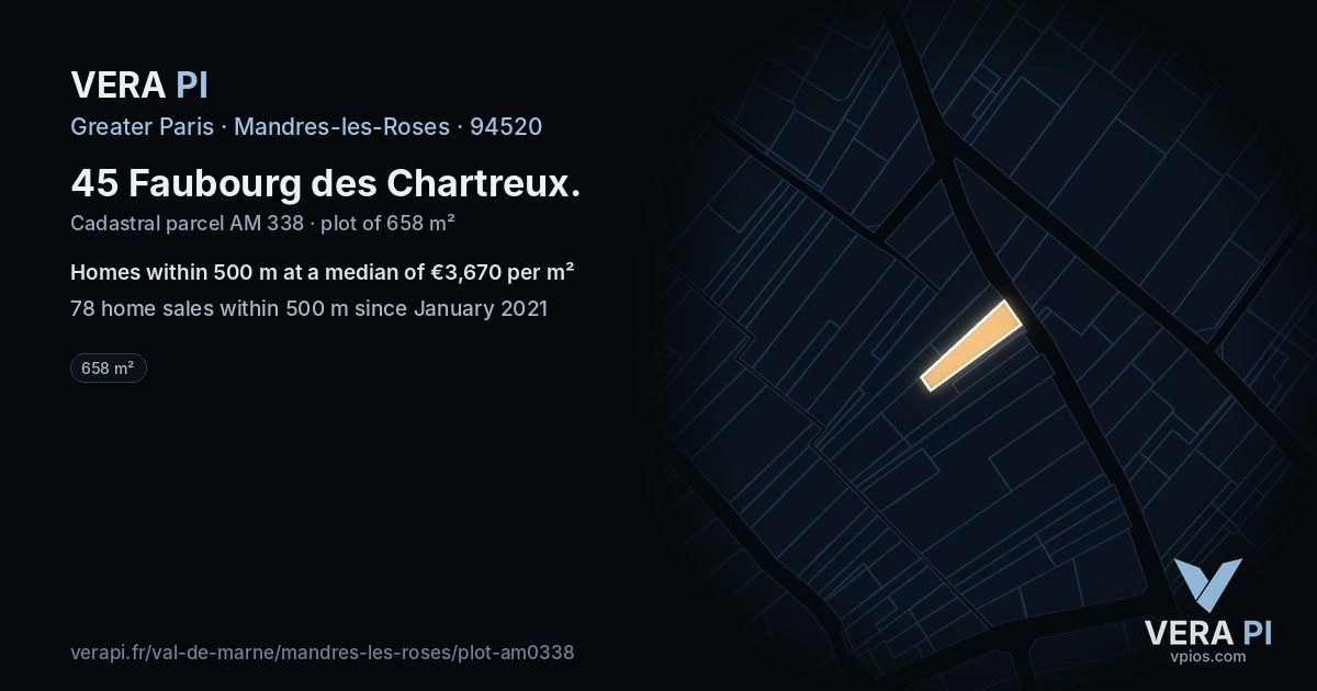 45 Faubourg des Chartreux, Mandres-les-Roses at night – the plot lit, the parcels around coloured by the prices near them
