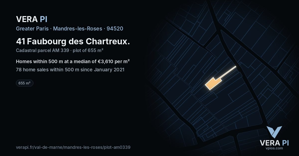 41 Faubourg des Chartreux, Mandres-les-Roses at night – the plot lit, the parcels around coloured by the prices near them