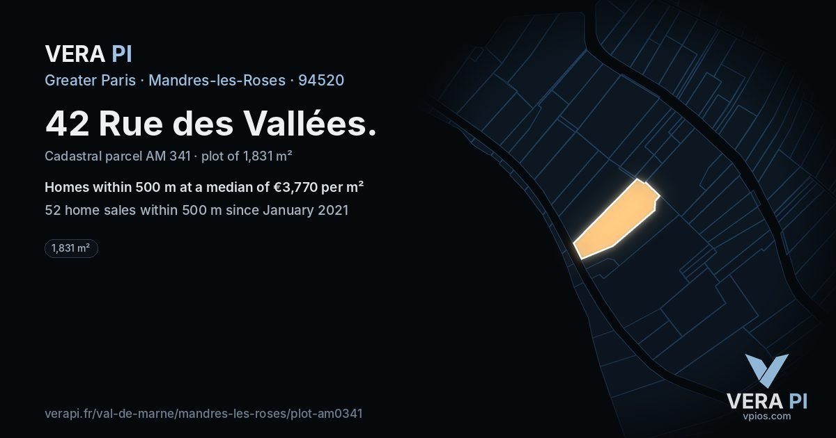 42 Rue des Vallées, Mandres-les-Roses at night – the plot lit, the parcels around coloured by the prices near them