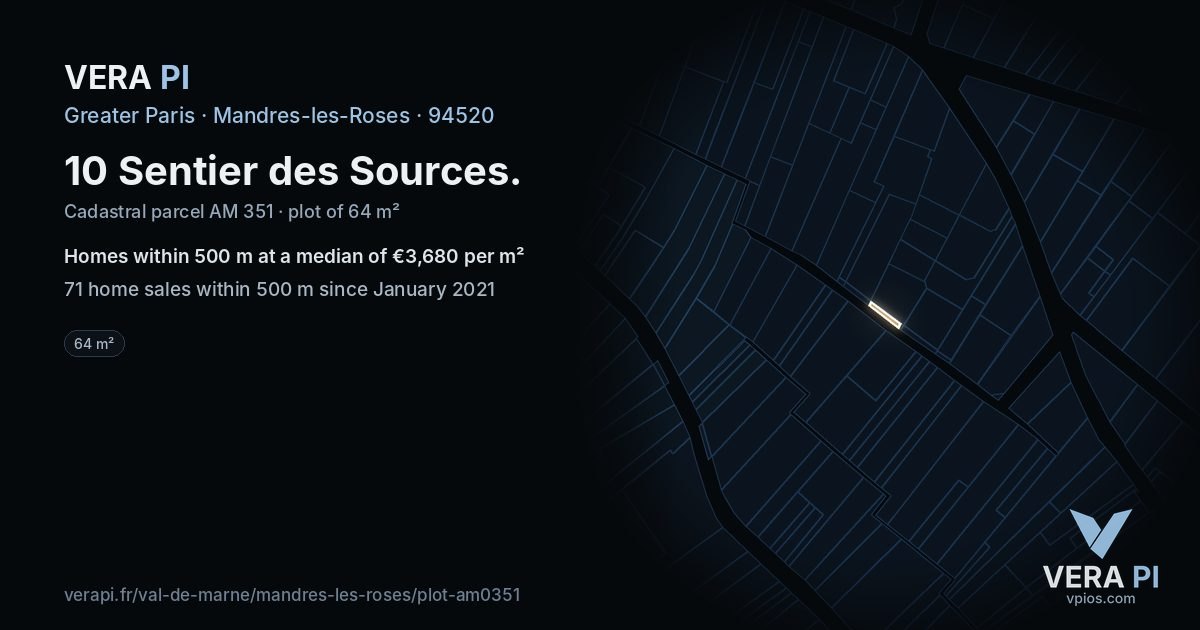 10 Sentier des Sources, Mandres-les-Roses at night – the plot lit, the parcels around coloured by the prices near them