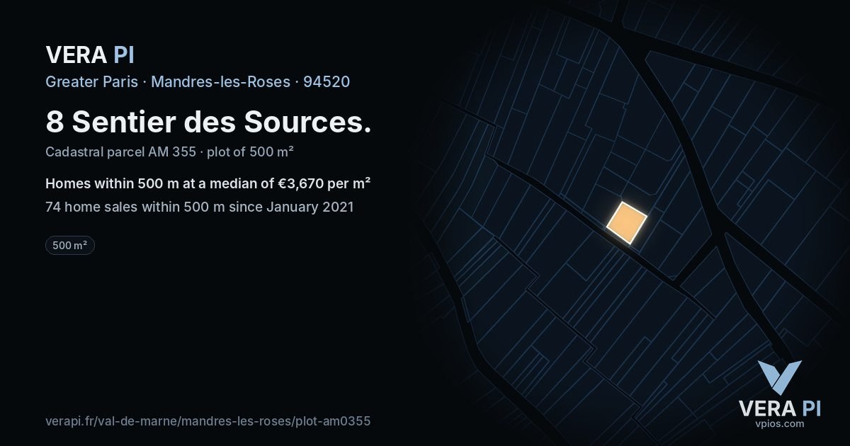 8 Sentier des Sources, Mandres-les-Roses at night – the plot lit, the parcels around coloured by the prices near them