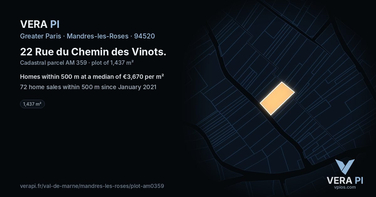 22 Rue du Chemin des Vinots, Mandres-les-Roses at night – the plot lit, the parcels around coloured by the prices near them