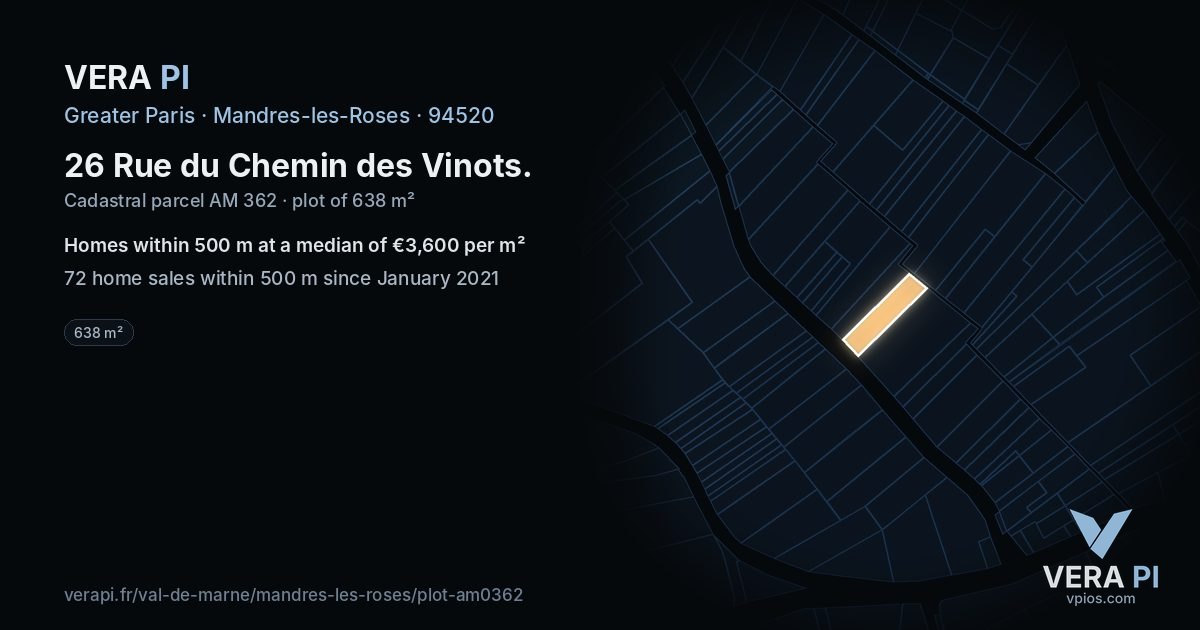 26 Rue du Chemin des Vinots, Mandres-les-Roses at night – the plot lit, the parcels around coloured by the prices near them