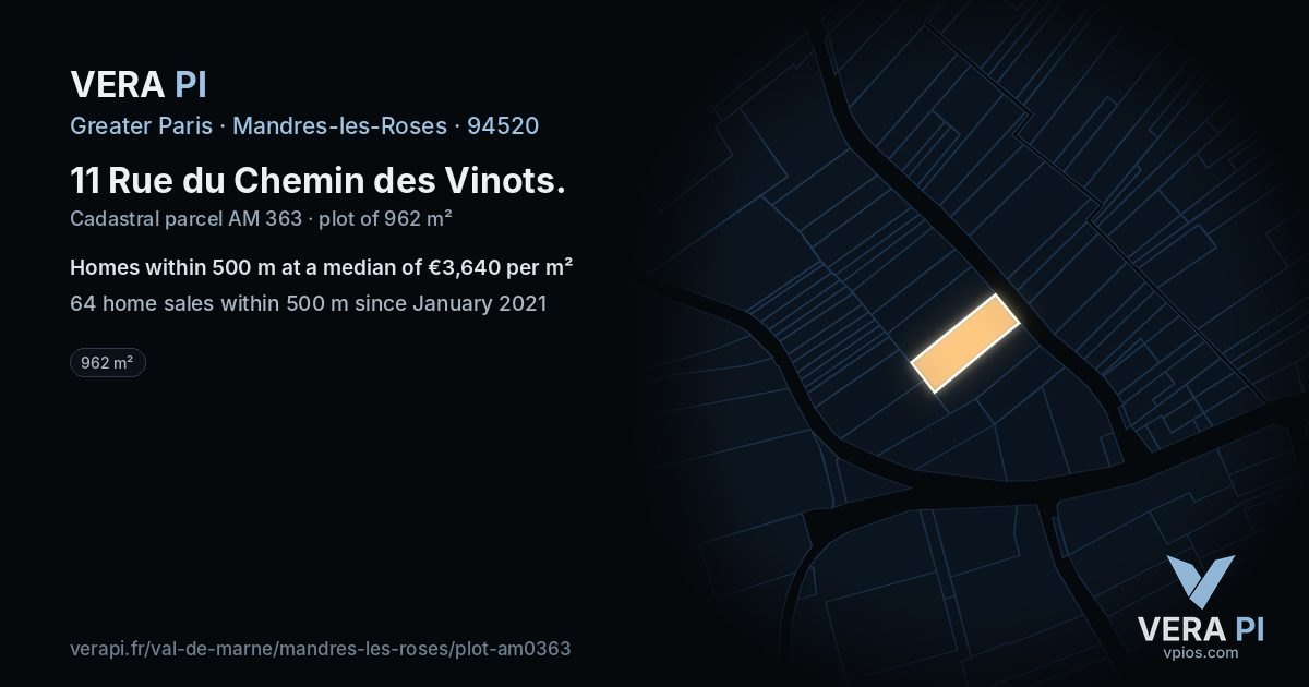 11 Rue du Chemin des Vinots, Mandres-les-Roses at night – the plot lit, the parcels around coloured by the prices near them