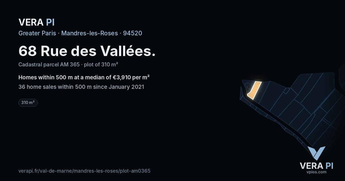 68 Rue des Vallées, Mandres-les-Roses at night – the plot lit, the parcels around coloured by the prices near them