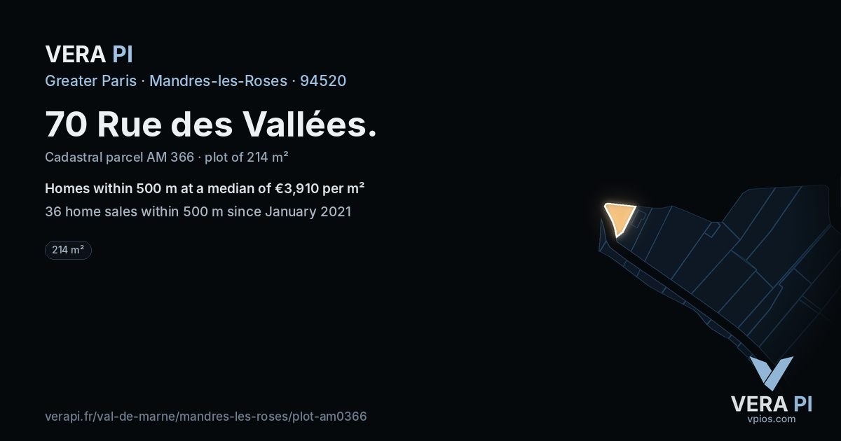 70 Rue des Vallées, Mandres-les-Roses at night – the plot lit, the parcels around coloured by the prices near them