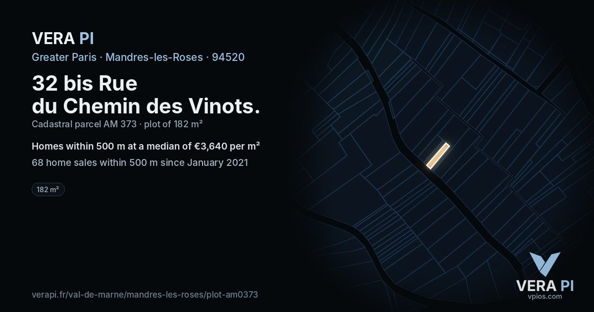 32 bis Rue du Chemin des Vinots, Mandres-les-Roses at night – the plot lit, the parcels around coloured by the prices near them