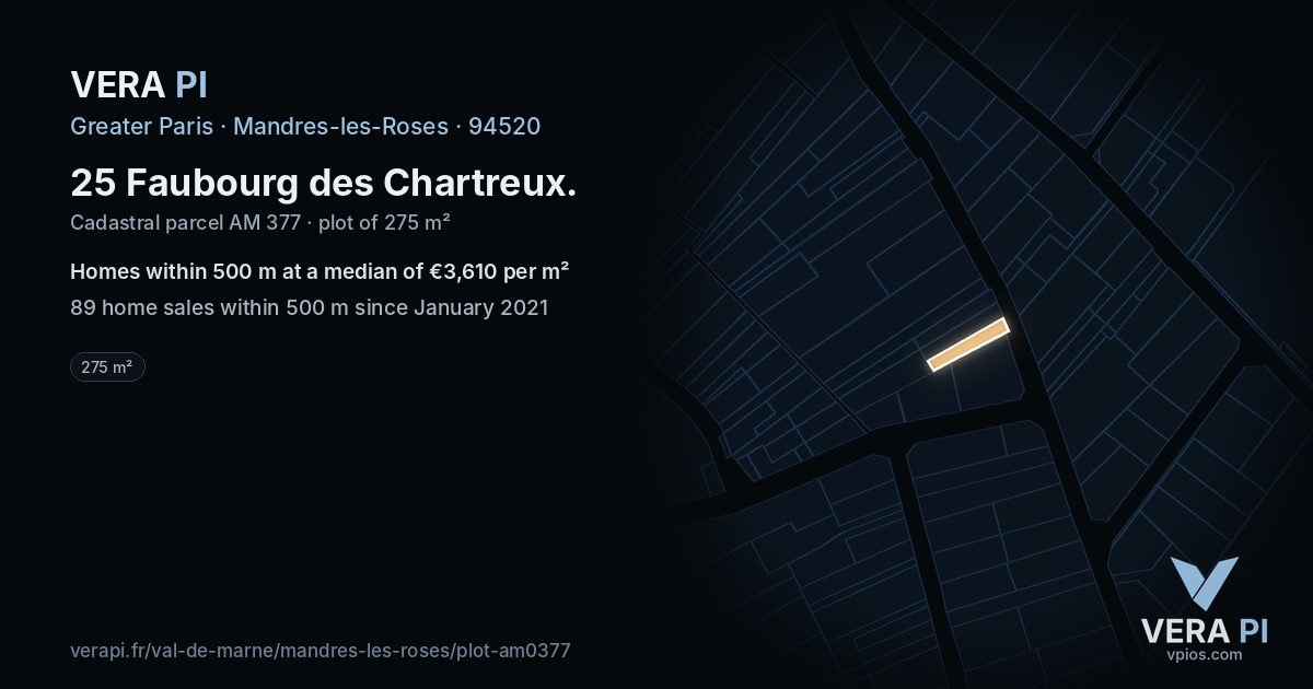 25 Faubourg des Chartreux, Mandres-les-Roses at night – the plot lit, the parcels around coloured by the prices near them