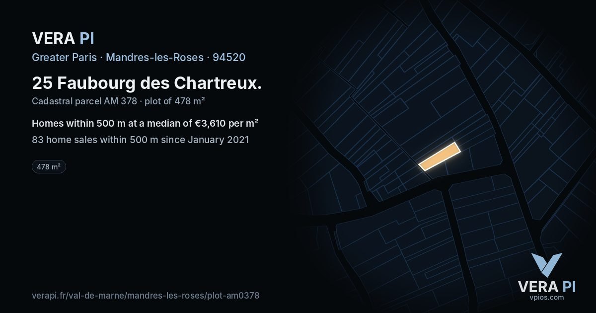 25 Faubourg des Chartreux, Mandres-les-Roses at night – the plot lit, the parcels around coloured by the prices near them