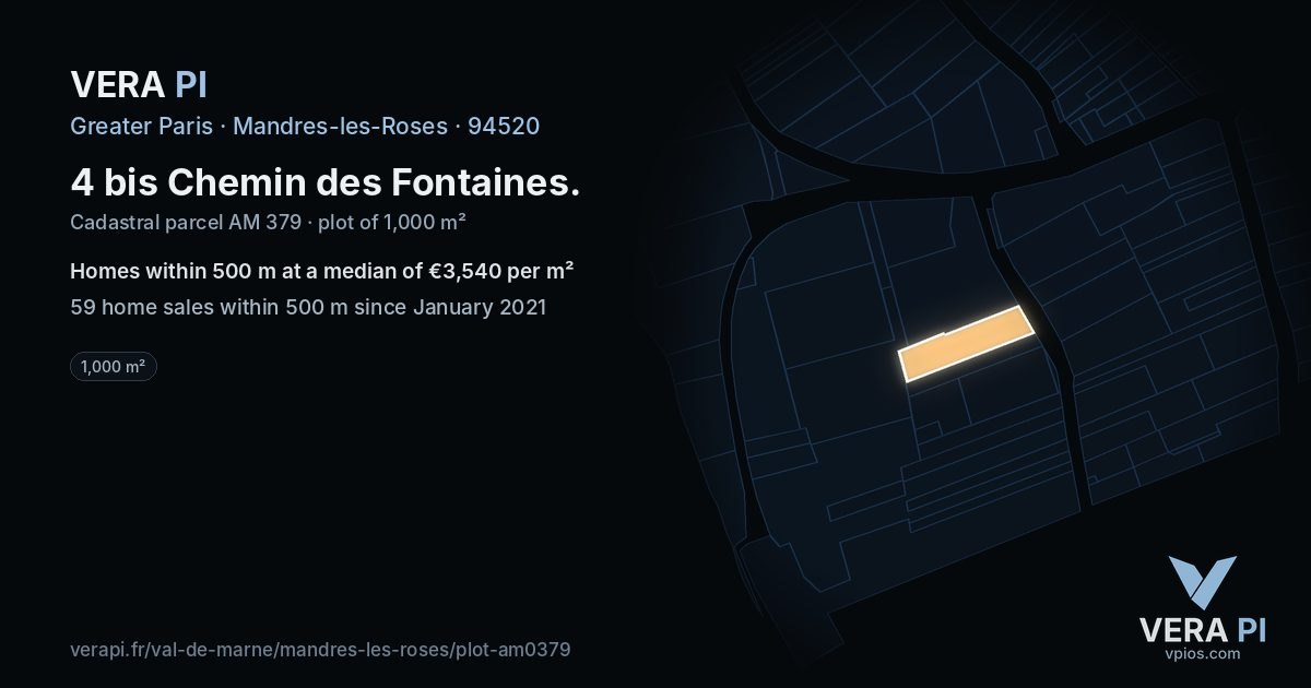 4 bis Chemin des Fontaines, Mandres-les-Roses at night – the plot lit, the parcels around coloured by the prices near them