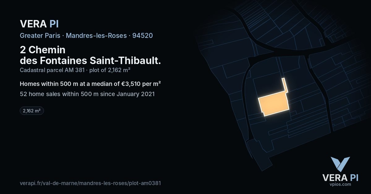 2 Chemin des Fontaines Saint-Thibault, Mandres-les-Roses at night – the plot lit, the parcels around coloured by the prices near them