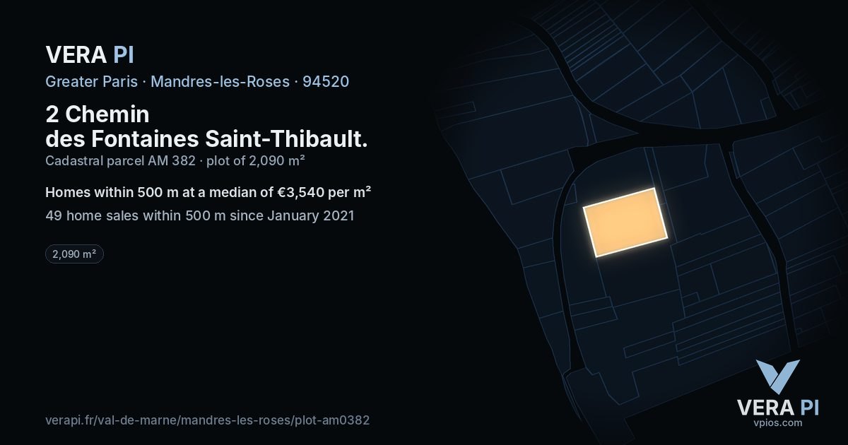 2 Chemin des Fontaines Saint-Thibault, Mandres-les-Roses at night – the plot lit, the parcels around coloured by the prices near them