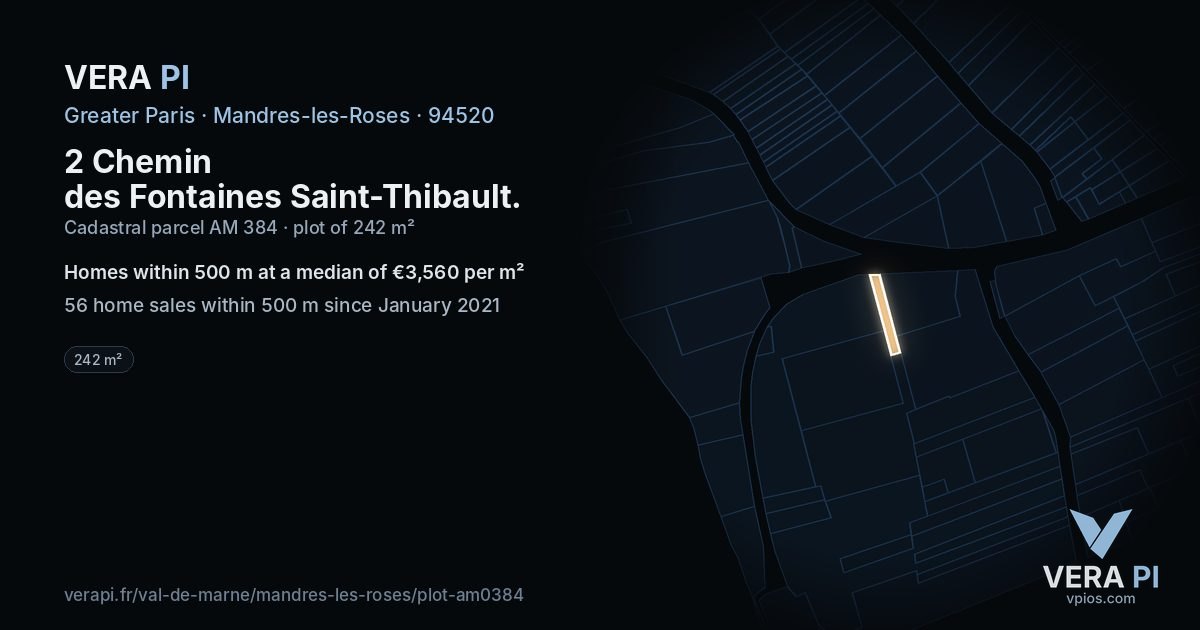 2 Chemin des Fontaines Saint-Thibault, Mandres-les-Roses at night – the plot lit, the parcels around coloured by the prices near them