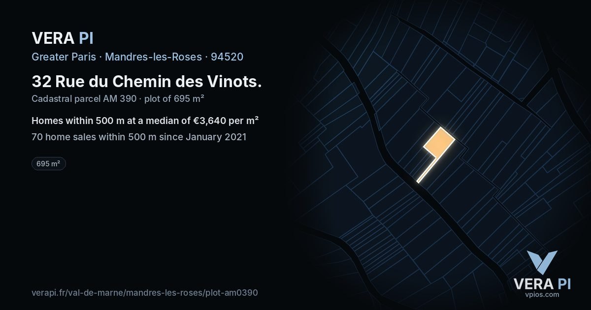 32 Rue du Chemin des Vinots, Mandres-les-Roses at night – the plot lit, the parcels around coloured by the prices near them