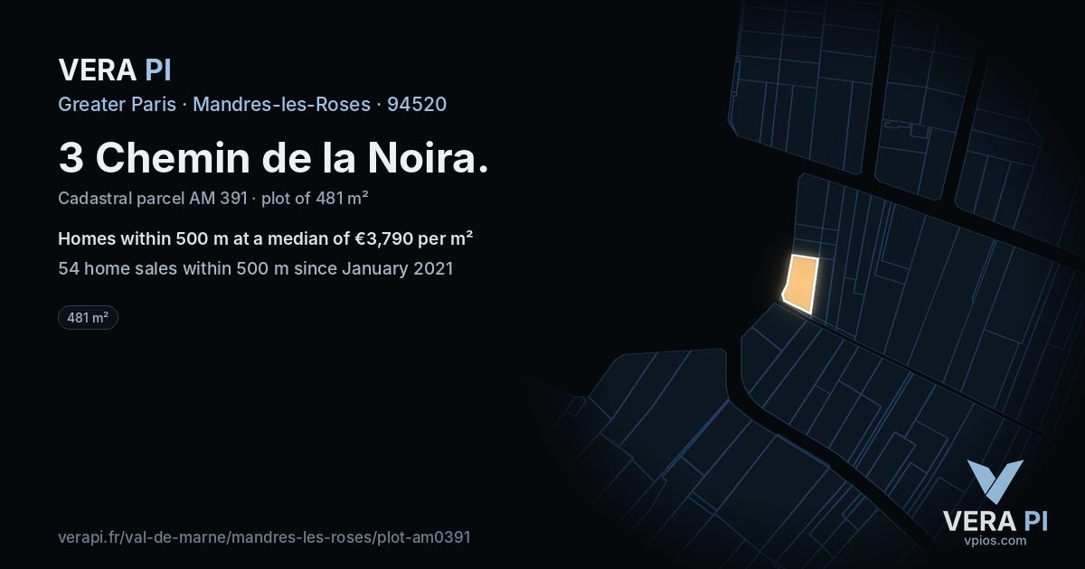 3 Chemin de la Noira, Mandres-les-Roses at night – the plot lit, the parcels around coloured by the prices near them