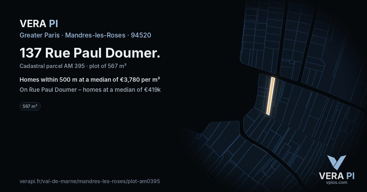 137 Rue Paul Doumer, Mandres-les-Roses at night – the plot lit, the parcels around coloured by the prices near them