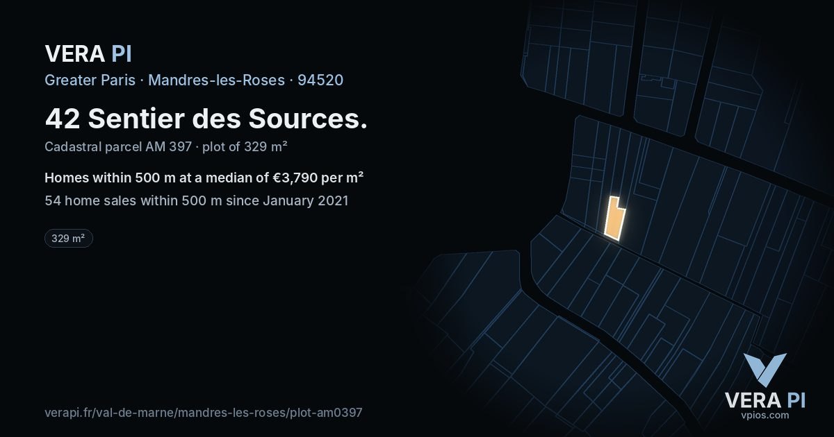 42 Sentier des Sources, Mandres-les-Roses at night – the plot lit, the parcels around coloured by the prices near them
