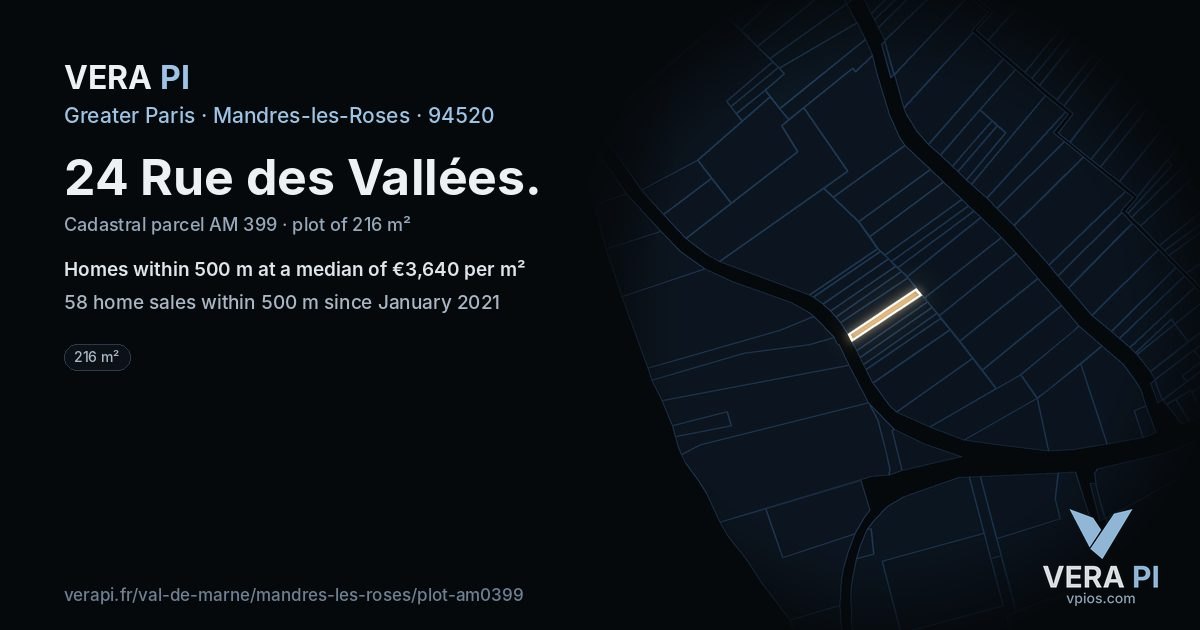 24 Rue des Vallées, Mandres-les-Roses at night – the plot lit, the parcels around coloured by the prices near them