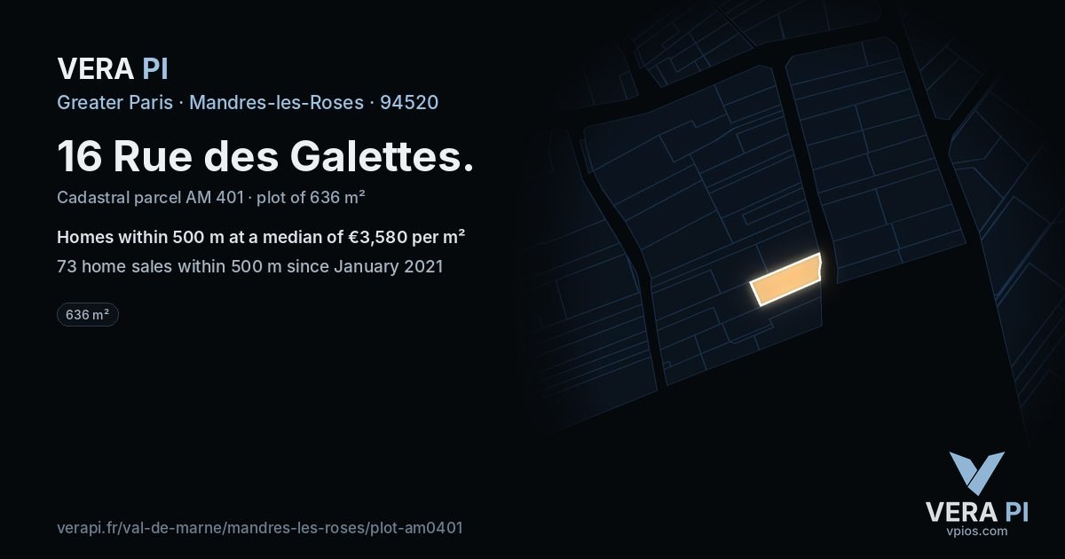 16 Rue des Galettes, Mandres-les-Roses at night – the plot lit, the parcels around coloured by the prices near them