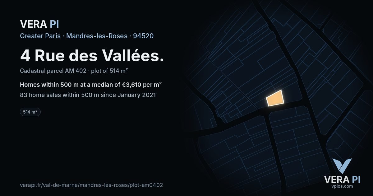4 Rue des Vallées, Mandres-les-Roses at night – the plot lit, the parcels around coloured by the prices near them