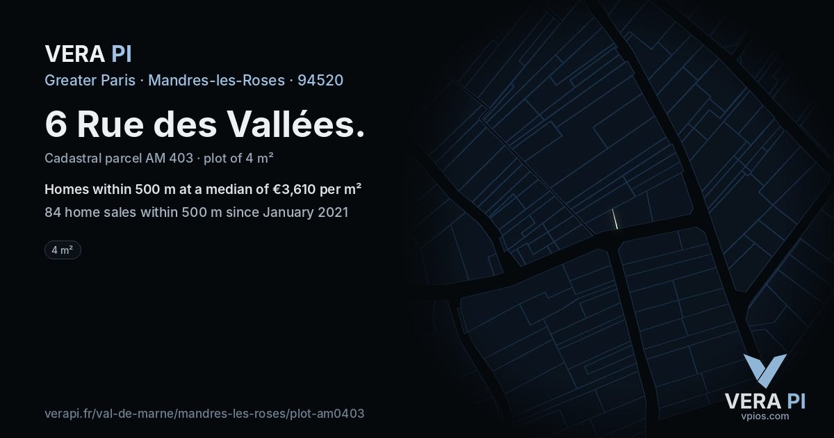 6 Rue des Vallées, Mandres-les-Roses at night – the plot lit, the parcels around coloured by the prices near them