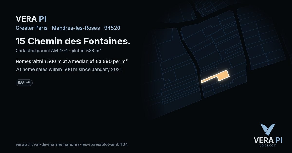 15 Chemin des Fontaines, Mandres-les-Roses at night – the plot lit, the parcels around coloured by the prices near them