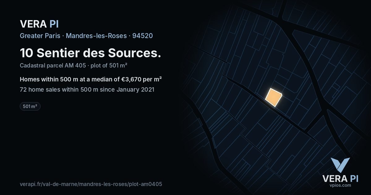 10 Sentier des Sources, Mandres-les-Roses at night – the plot lit, the parcels around coloured by the prices near them