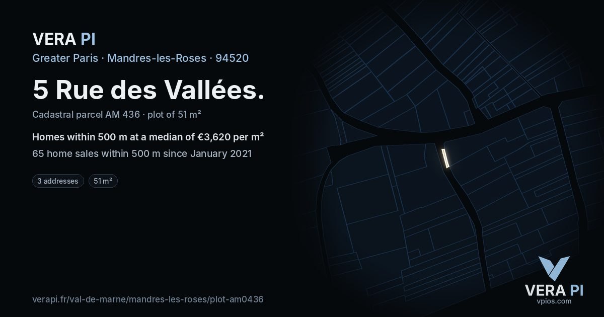5 Rue des Vallées, Mandres-les-Roses at night – the plot lit, the parcels around coloured by the prices near them
