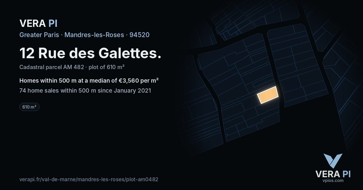 12 Rue des Galettes, Mandres-les-Roses at night – the plot lit, the parcels around coloured by the prices near them