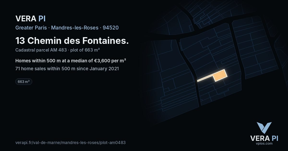 13 Chemin des Fontaines, Mandres-les-Roses at night – the plot lit, the parcels around coloured by the prices near them