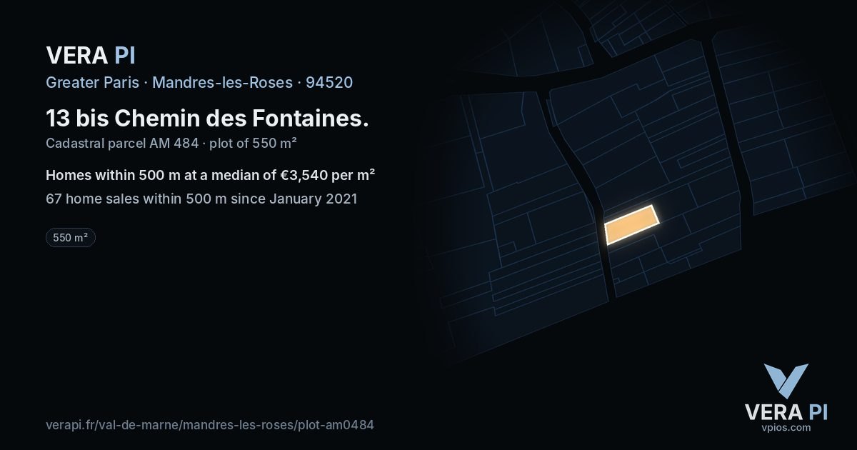 13 bis Chemin des Fontaines, Mandres-les-Roses at night – the plot lit, the parcels around coloured by the prices near them