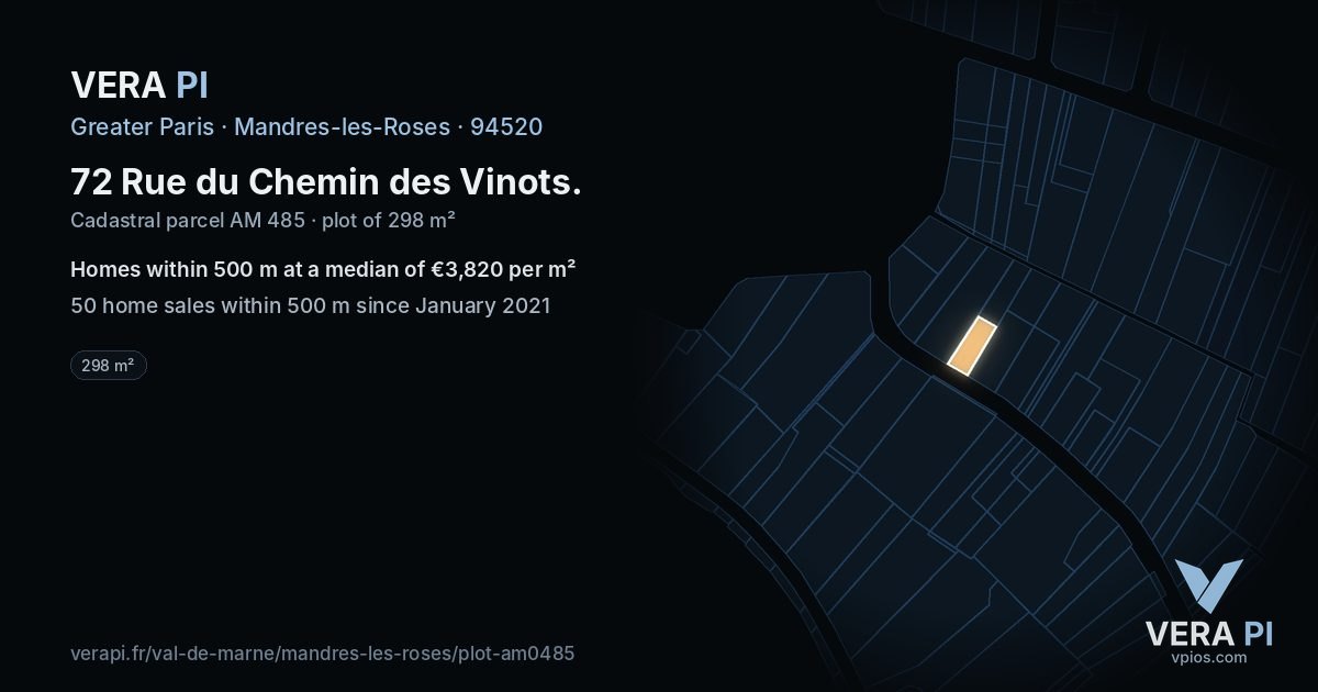 72 Rue du Chemin des Vinots, Mandres-les-Roses at night – the plot lit, the parcels around coloured by the prices near them