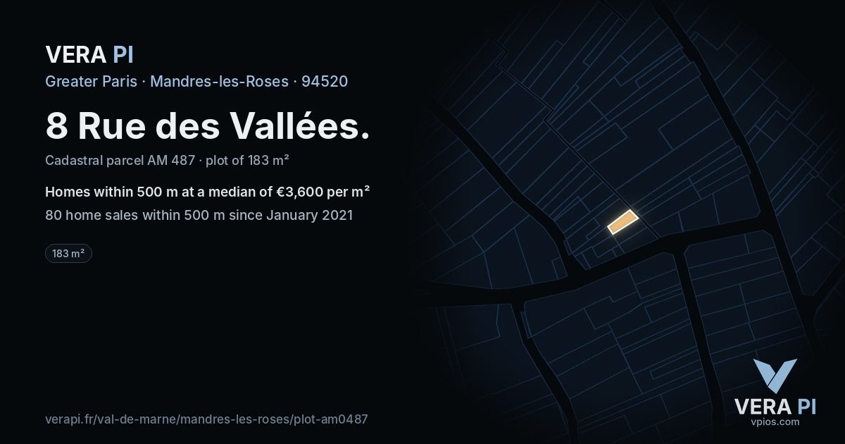 8 Rue des Vallées, Mandres-les-Roses at night – the plot lit, the parcels around coloured by the prices near them