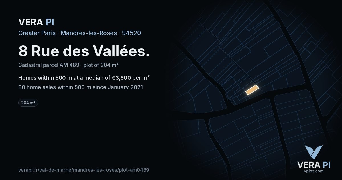 8 Rue des Vallées, Mandres-les-Roses at night – the plot lit, the parcels around coloured by the prices near them