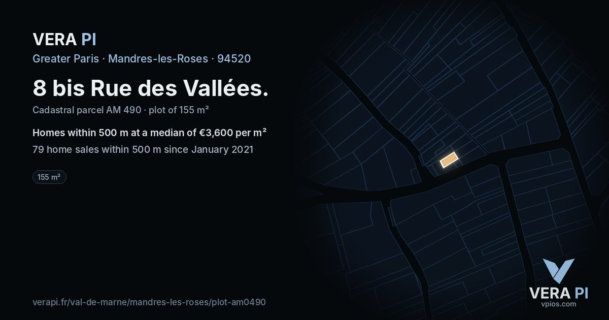 8 bis Rue des Vallées, Mandres-les-Roses at night – the plot lit, the parcels around coloured by the prices near them