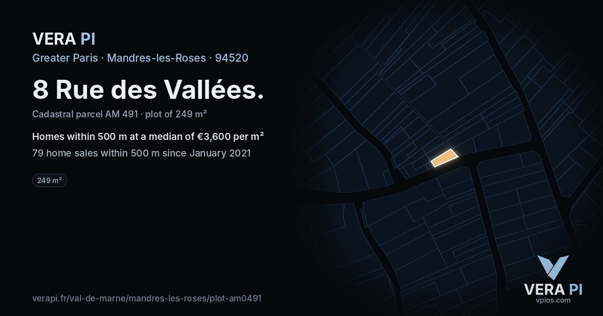 8 Rue des Vallées, Mandres-les-Roses at night – the plot lit, the parcels around coloured by the prices near them