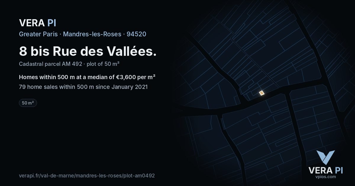 8 bis Rue des Vallées, Mandres-les-Roses at night – the plot lit, the parcels around coloured by the prices near them