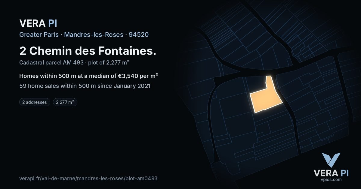 2 Chemin des Fontaines, Mandres-les-Roses at night – the plot lit, the parcels around coloured by the prices near them