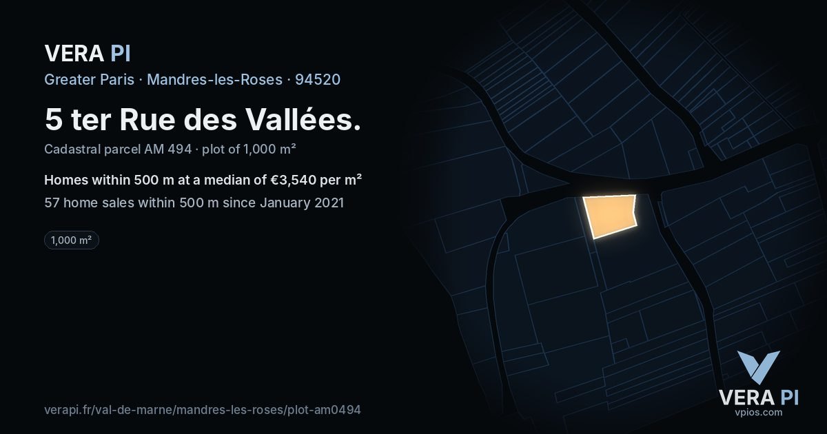 5 ter Rue des Vallées, Mandres-les-Roses at night – the plot lit, the parcels around coloured by the prices near them