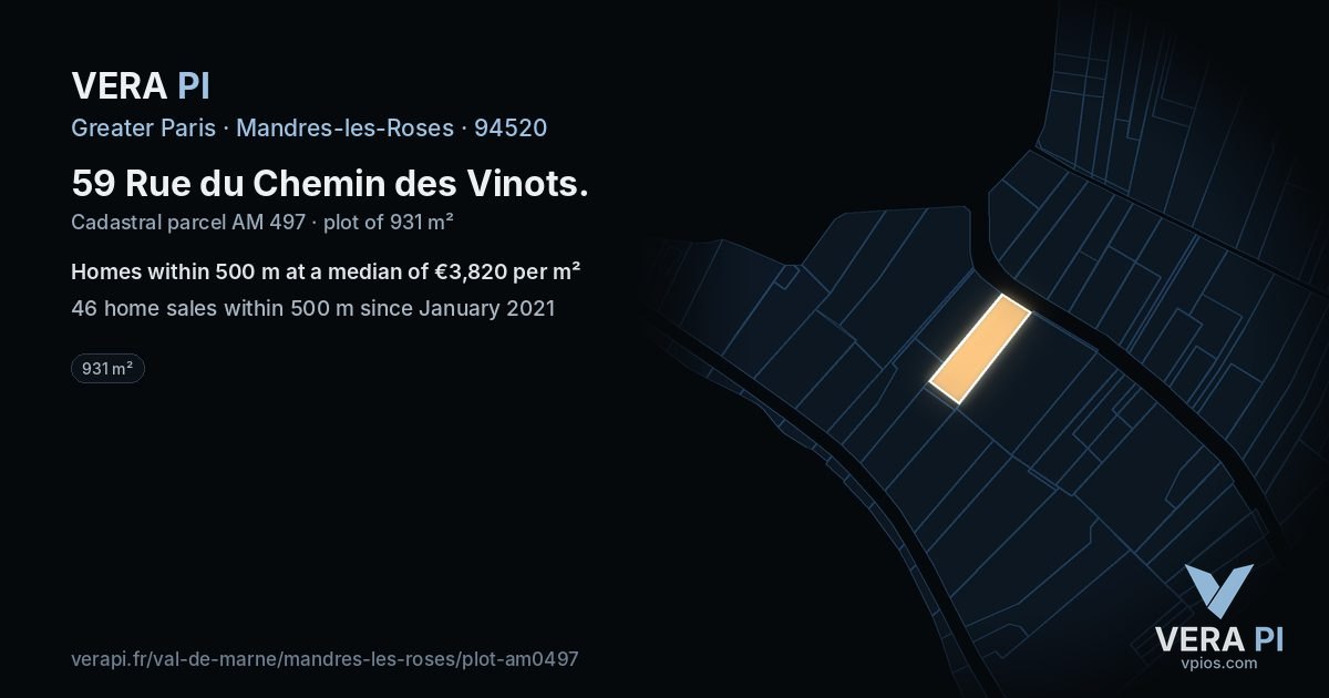 59 Rue du Chemin des Vinots, Mandres-les-Roses at night – the plot lit, the parcels around coloured by the prices near them
