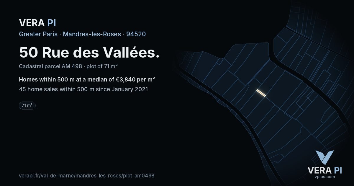 50 Rue des Vallées, Mandres-les-Roses at night – the plot lit, the parcels around coloured by the prices near them