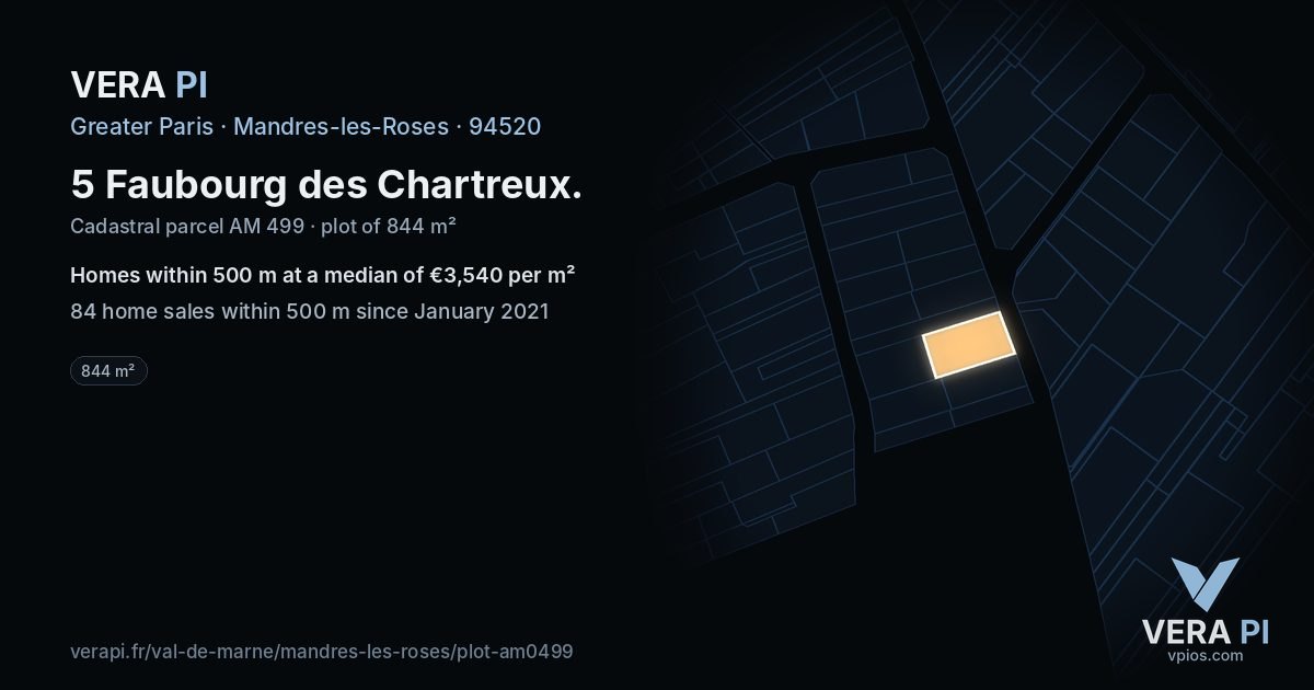 5 Faubourg des Chartreux, Mandres-les-Roses at night – the plot lit, the parcels around coloured by the prices near them